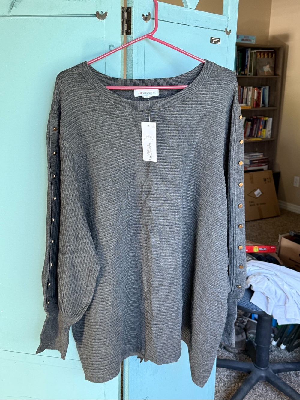 Liz Claiborne Gray Stud-Trim Rib Knit Sweater